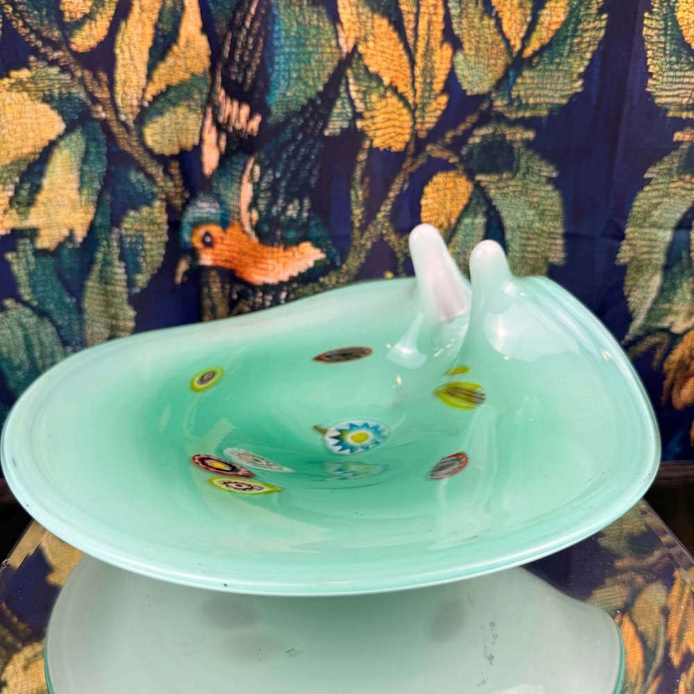 Murano Style Millefiori Art Glass Bowl Seafoam Green Hand Blown Freeform Dish